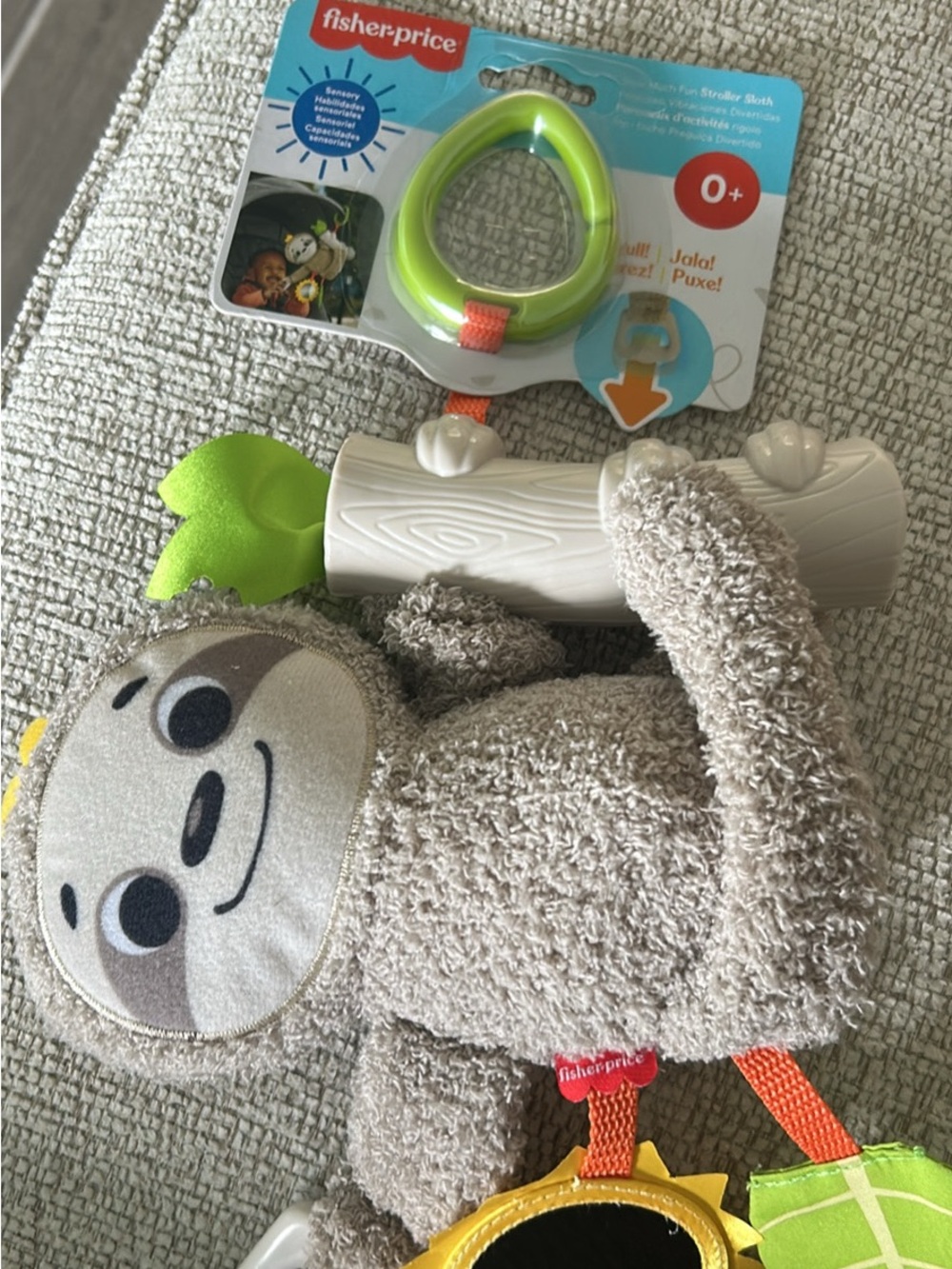 Fisher-Price Gray Plush Sloth Stroller Toy with Green Clip